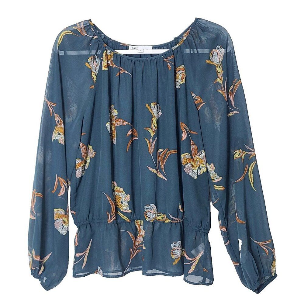 DR2 Top Size Large L Green Floral Solid body Sheer Arm Peplum chiffon Peasant